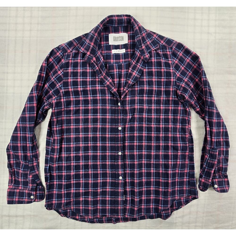 Grayson The Hero Womens Button Down Flannel Shirt Blue and Pink Plaid 3/M